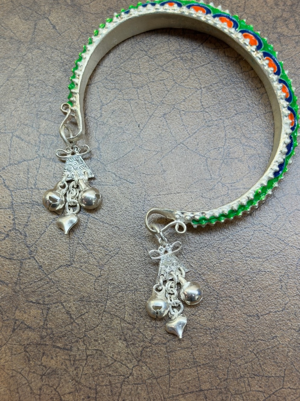 Silver-Tone Green and Blue Enamel Bangle Bracelet with Dangle Charms